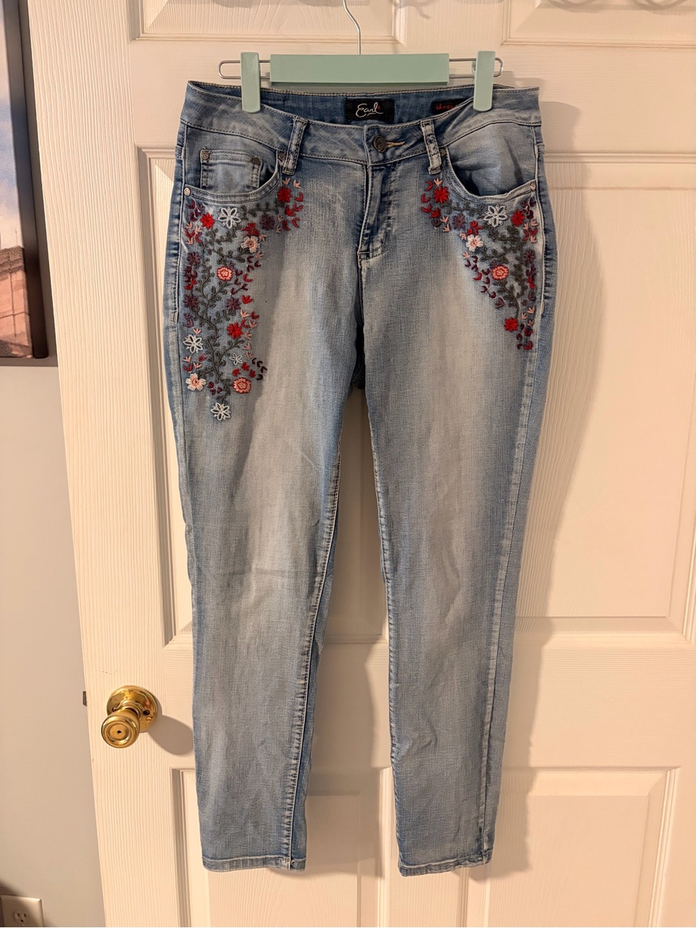 Earl Jeans Light Blue Skinny Jeans with Red Floral Embroidery